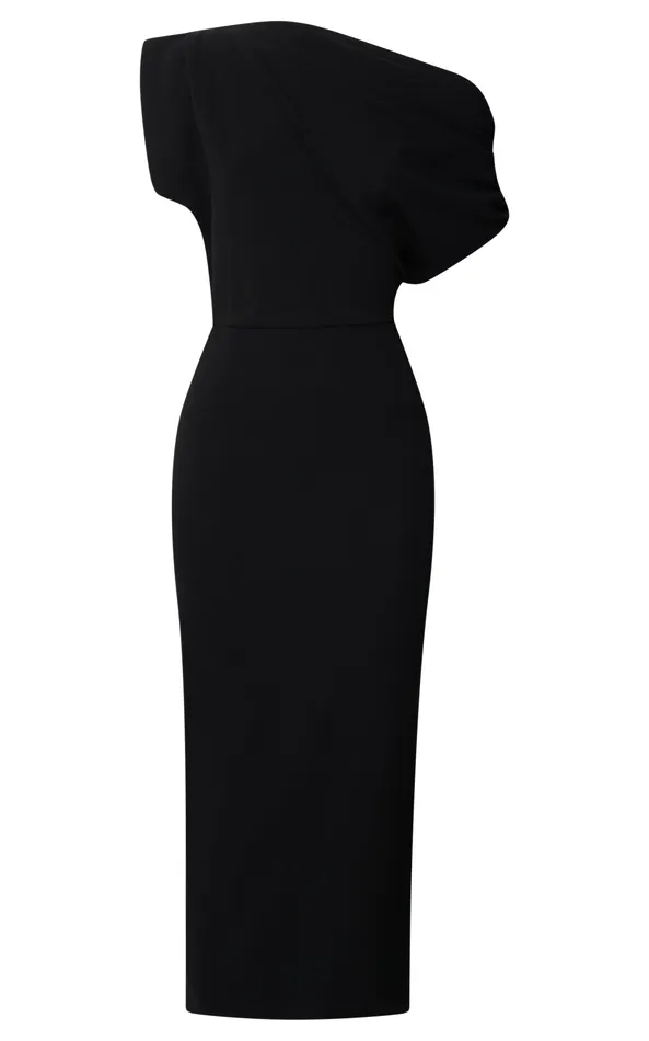 Showpo Nalfie Midi Dress 8211 Tipped Shoulder Jersey Drape Dress In Black Women Dresses