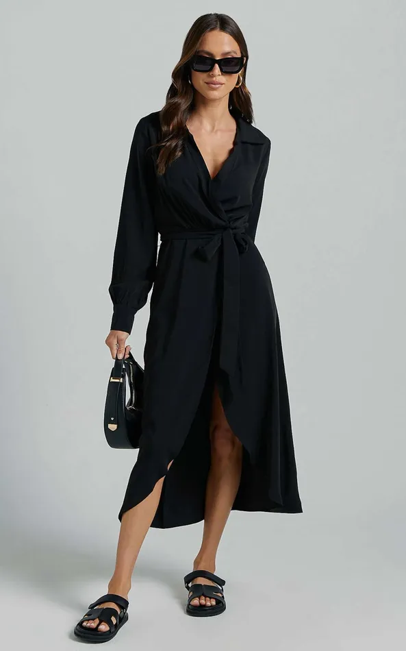 Showpo Nalysha Midi Dress 8211 Long Sleeve Wrap Dress In Black Women Dresses