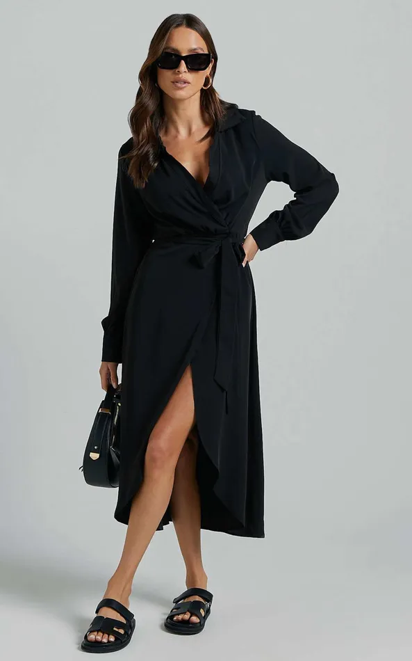 Showpo Nalysha Midi Dress 8211 Long Sleeve Wrap Dress In Black Women Dresses