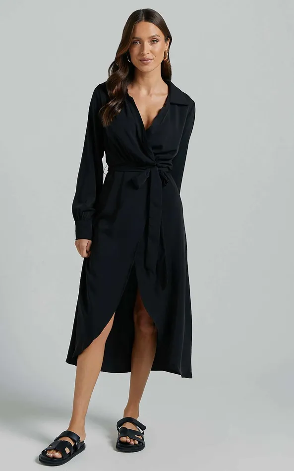 Showpo Nalysha Midi Dress 8211 Long Sleeve Wrap Dress In Black Women Dresses