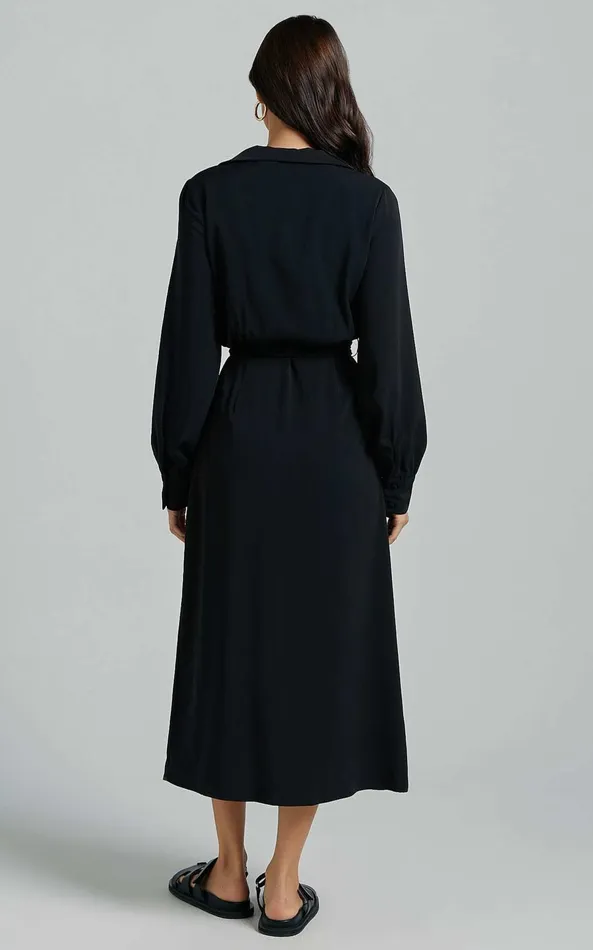 Showpo Nalysha Midi Dress 8211 Long Sleeve Wrap Dress In Black Women Dresses