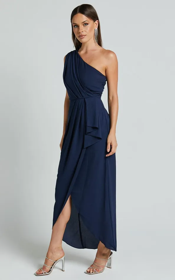Showpo Namaari Midi Dress 8211 Faux Wrap One Shoulder Dress In Navy Women Dresses Showpo Namaari Midi Dress 8211 Faux Wrap One Shoulder Dress In Navy Women Dresses