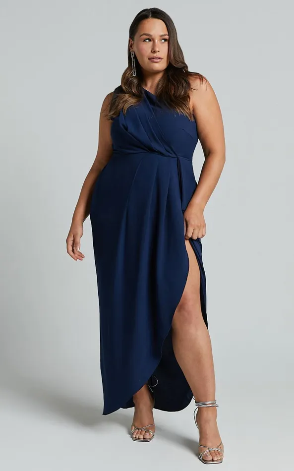 Showpo Namaari Midi Dress 8211 Faux Wrap One Shoulder Dress In Navy Women Dresses