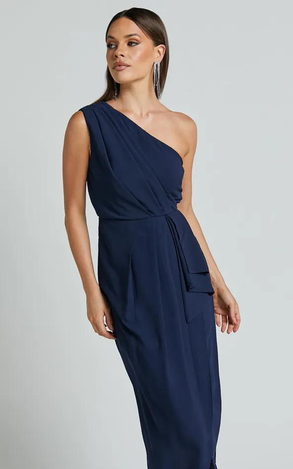 Showpo Namaari Midi Dress 8211 Faux Wrap One Shoulder Dress In Navy Women Dresses