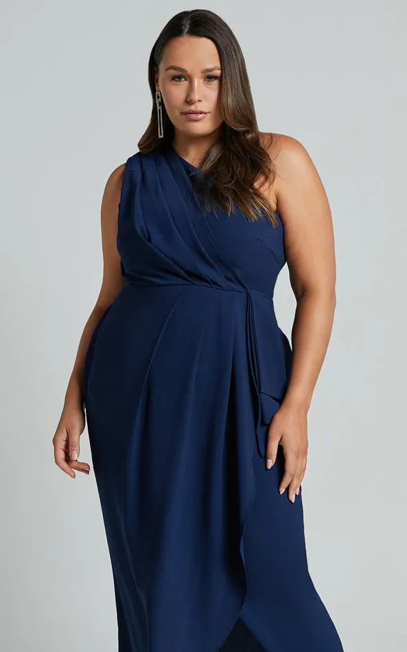 Showpo Namaari Midi Dress 8211 Faux Wrap One Shoulder Dress In Navy Women Dresses