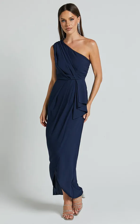 Showpo Namaari Midi Dress 8211 Faux Wrap One Shoulder Dress In Navy Women Dresses
