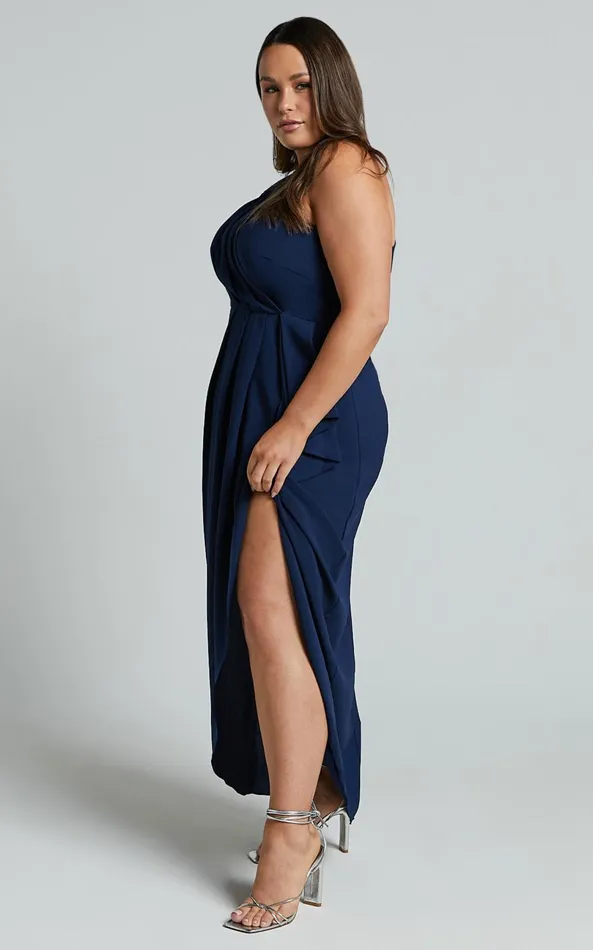 Showpo Namaari Midi Dress 8211 Faux Wrap One Shoulder Dress In Navy Women Dresses