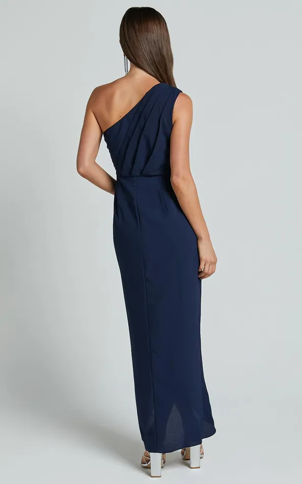 Showpo Namaari Midi Dress 8211 Faux Wrap One Shoulder Dress In Navy Women Dresses
