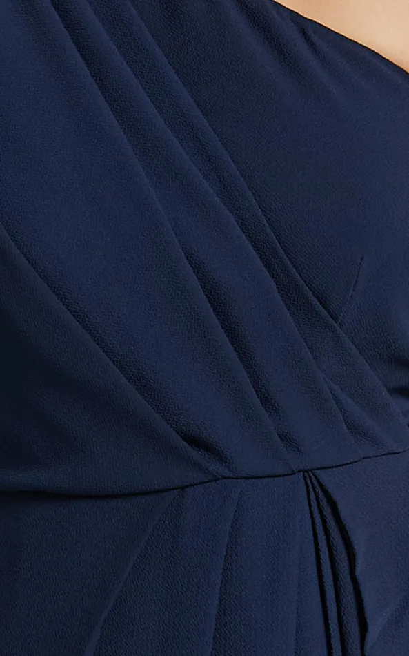 Showpo Namaari Midi Dress 8211 Faux Wrap One Shoulder Dress In Navy Women Dresses
