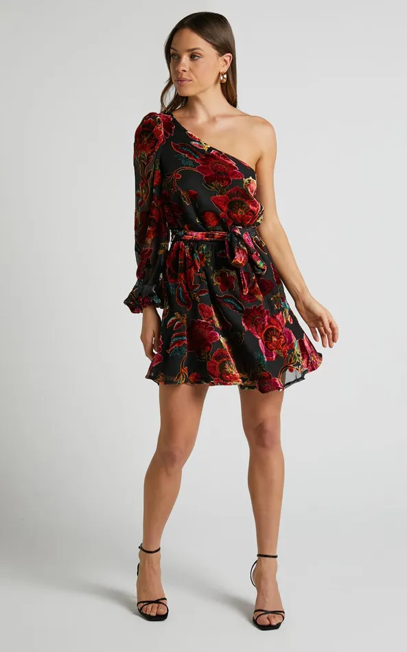 Showpo Natachia Mini Dress 8211 One Shoulder Burnout Dress In Black Floral Women Dresses Showpo Natachia Mini Dress 8211 One Shoulder Burnout Dress In Black Floral Women Dresses