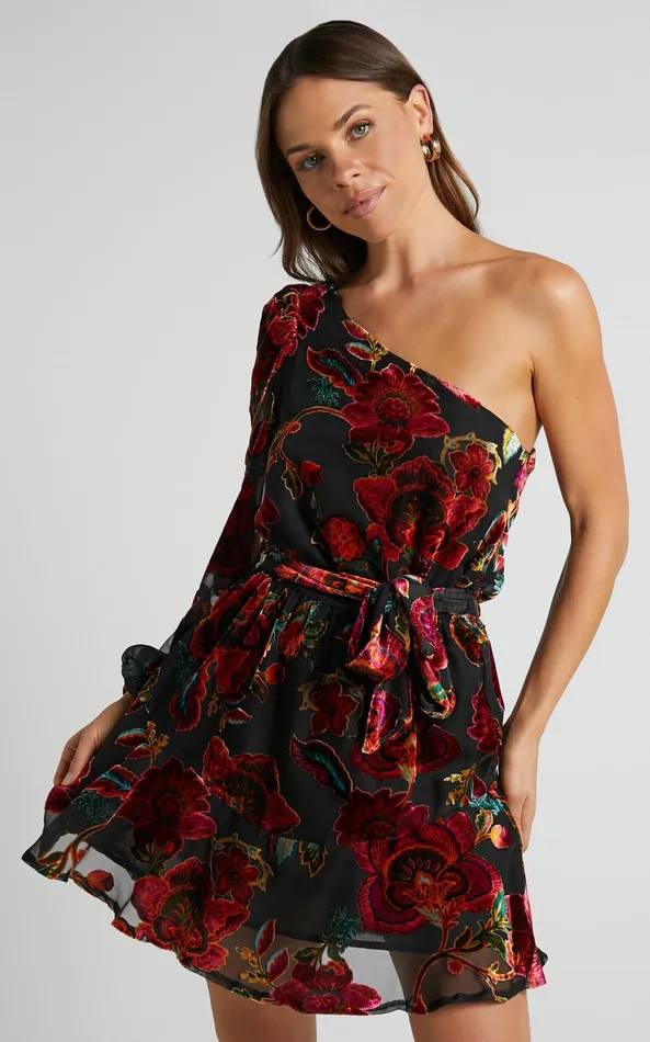 Showpo Natachia Mini Dress 8211 One Shoulder Burnout Dress In Black Floral Women Dresses Showpo Natachia Mini Dress 8211 One Shoulder Burnout Dress In Black Floral Women Dresses