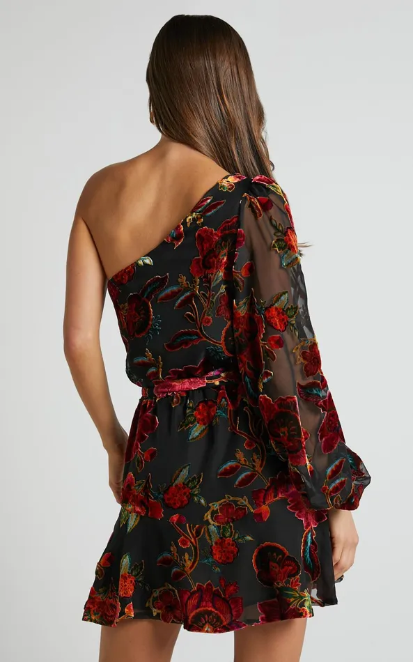 Showpo Natachia Mini Dress 8211 One Shoulder Burnout Dress In Black Floral Women Dresses Showpo Natachia Mini Dress 8211 One Shoulder Burnout Dress In Black Floral Women Dresses