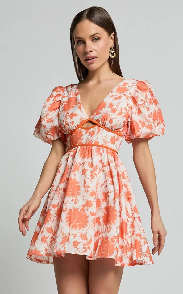 Showpo Natalia Mini Dress 8211 Puff Sleeve Cut Out Dress In Orange Floral Women Dresses Showpo Natalia Mini Dress 8211 Puff Sleeve Cut Out Dress In Orange Floral Women Dresses