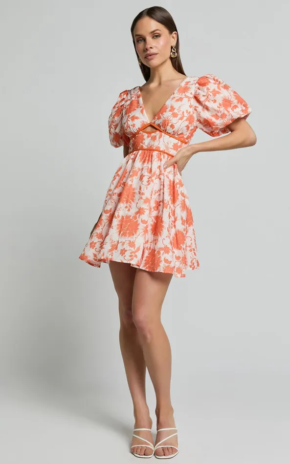 Showpo Natalia Mini Dress 8211 Puff Sleeve Cut Out Dress In Orange Floral Women Dresses