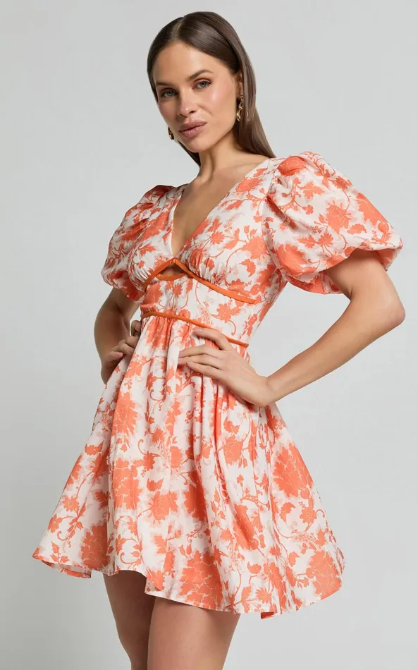 Showpo Natalia Mini Dress 8211 Puff Sleeve Cut Out Dress In Orange Floral Women Dresses