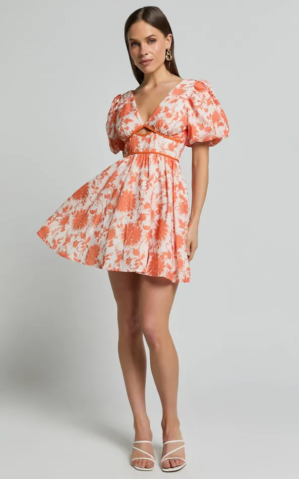 Showpo Natalia Mini Dress 8211 Puff Sleeve Cut Out Dress In Orange Floral Women Dresses