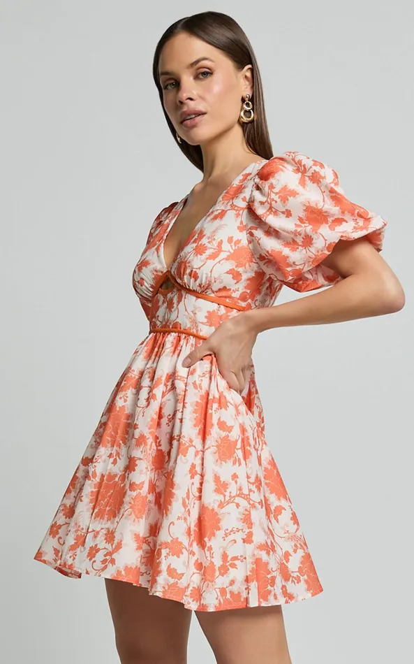 Showpo Natalia Mini Dress 8211 Puff Sleeve Cut Out Dress In Orange Floral Women Dresses