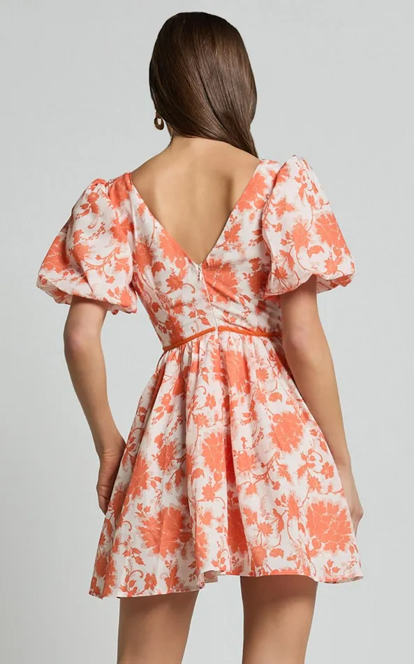 Showpo Natalia Mini Dress 8211 Puff Sleeve Cut Out Dress In Orange Floral Women Dresses