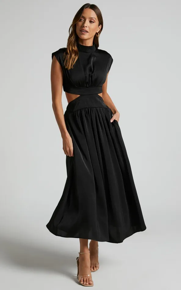 Showpo Natalyah Midi Dress 8211 Mock Neck Cut Out Gathered Dress In Black Women Dresses Showpo Natalyah Midi Dress 8211 Mock Neck Cut Out Gathered Dress In Black Women Dresses
