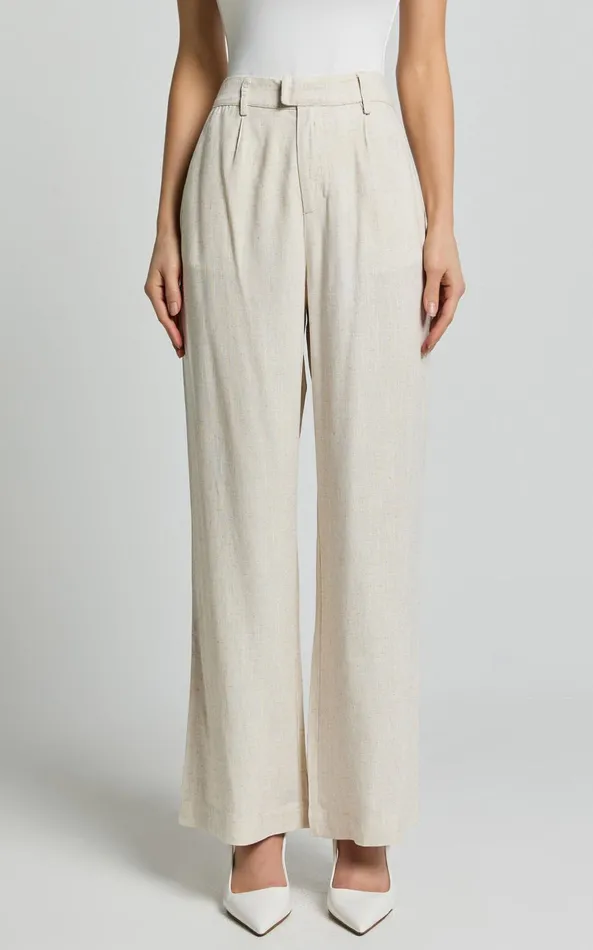 Showpo Nate Pants 8211 Mid Waist Tailored Linen Look Pants In Natural Women Pants
