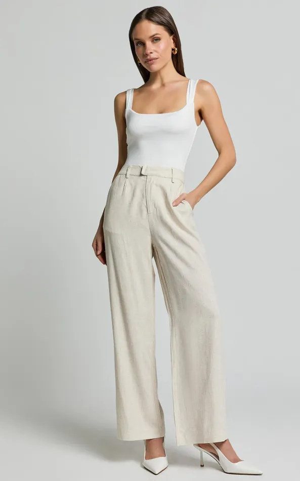 Showpo Nate Pants 8211 Mid Waist Tailored Linen Look Pants In Natural Women Pants