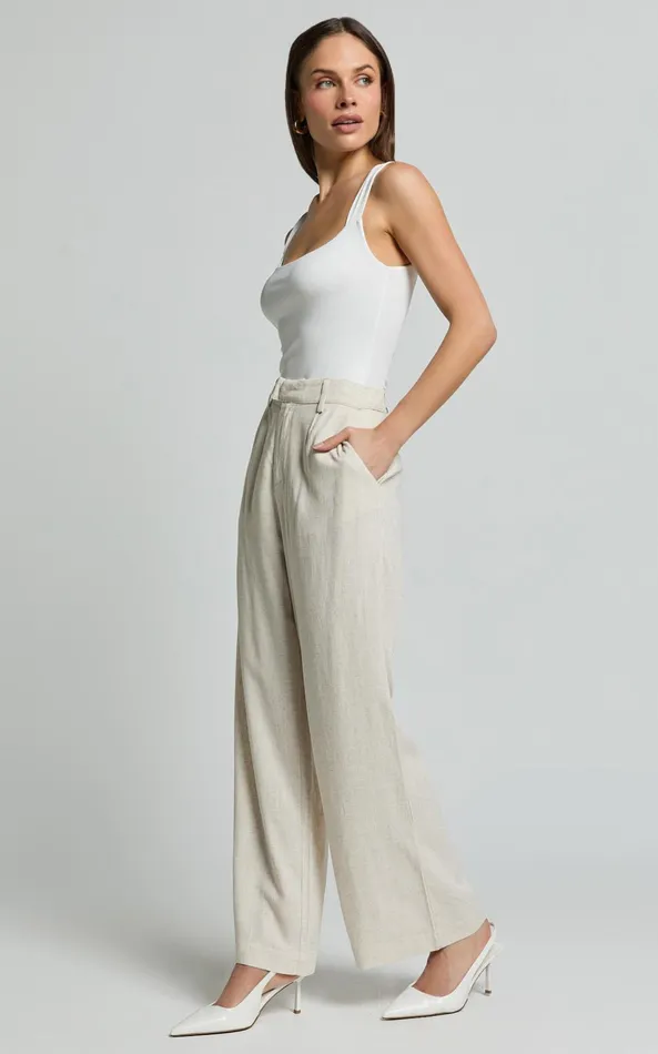 Showpo Nate Pants 8211 Mid Waist Tailored Linen Look Pants In Natural Women Pants