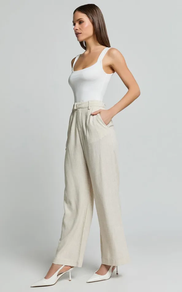 Showpo Nate Pants 8211 Mid Waist Tailored Linen Look Pants In Natural Women Pants