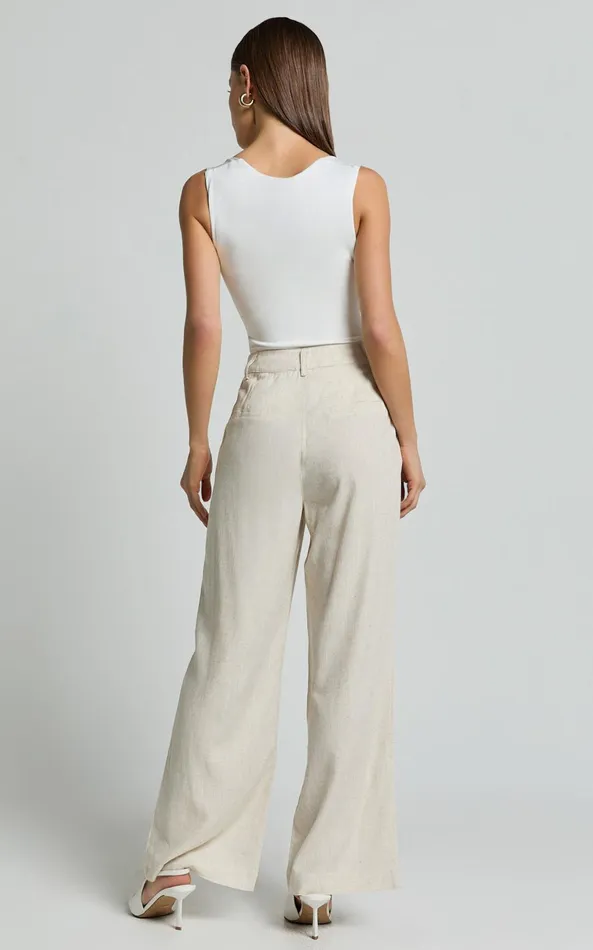 Showpo Nate Pants 8211 Mid Waist Tailored Linen Look Pants In Natural Women Pants