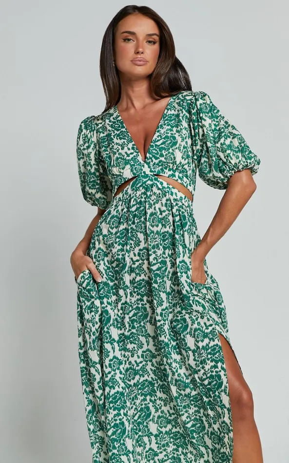 Showpo Nelli Midi Dress 8211 Short Sleeve Cut Out Dress In Green Silhouette Women Dresses