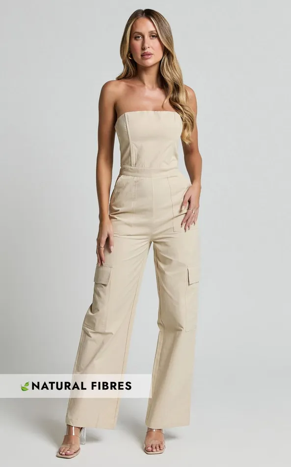 Showpo Nellia Jumpsuit 8211 Strapless Straight Leg Cargo Jumpsuit In Stone Women Jumpsuits