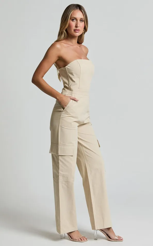 Showpo Nellia Jumpsuit 8211 Strapless Straight Leg Cargo Jumpsuit In Stone Women Jumpsuits