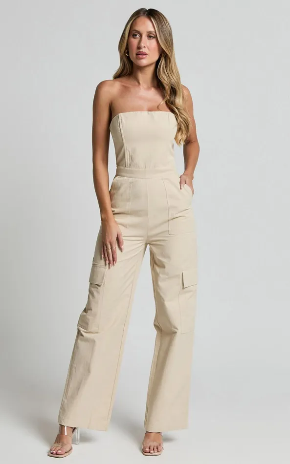 Showpo Nellia Jumpsuit 8211 Strapless Straight Leg Cargo Jumpsuit In Stone Women Jumpsuits