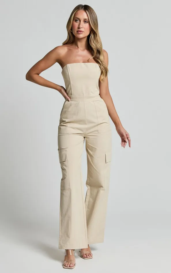 Showpo Nellia Jumpsuit 8211 Strapless Straight Leg Cargo Jumpsuit In Stone Women Jumpsuits