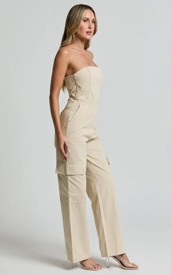 Showpo Nellia Jumpsuit 8211 Strapless Straight Leg Cargo Jumpsuit In Stone Women Jumpsuits