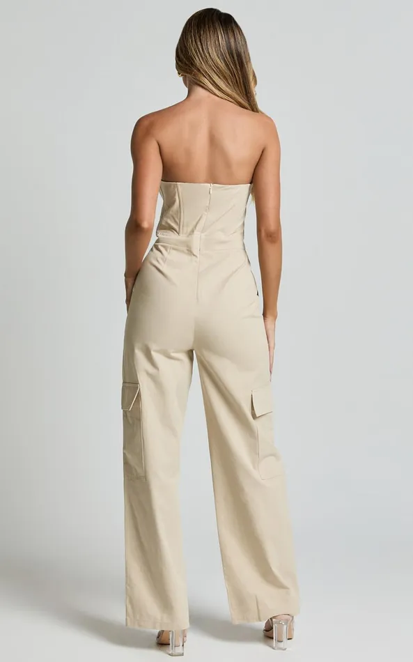 Showpo Nellia Jumpsuit 8211 Strapless Straight Leg Cargo Jumpsuit In Stone Women Jumpsuits