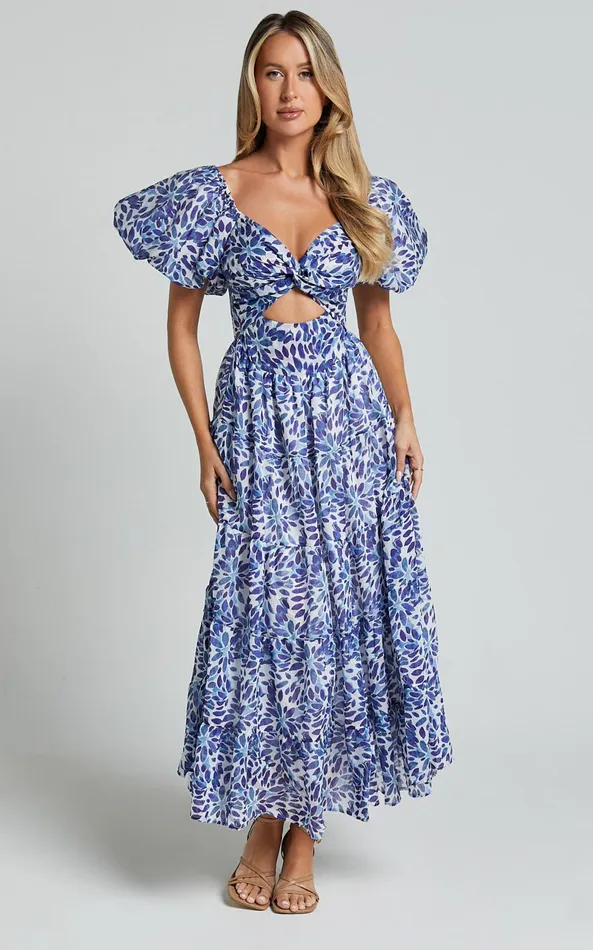 Showpo Nelrose Midi Dress 8211 Short Puff Sleeve Front Cut Out Dress In Blue Print Women Dresses Showpo Nelrose Midi Dress 8211 Short Puff Sleeve Front Cut Out Dress In Blue Print Women Dresses