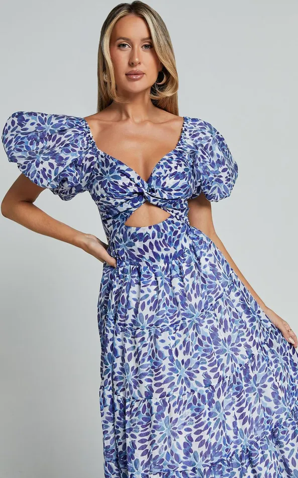 Showpo Nelrose Midi Dress 8211 Short Puff Sleeve Front Cut Out Dress In Blue Print Women Dresses