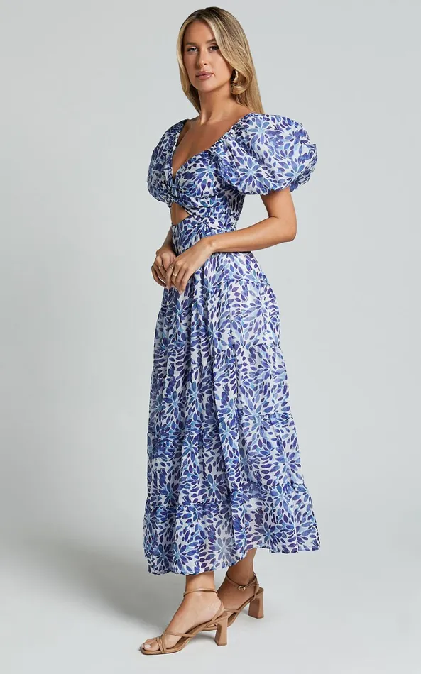 Showpo Nelrose Midi Dress 8211 Short Puff Sleeve Front Cut Out Dress In Blue Print Women Dresses