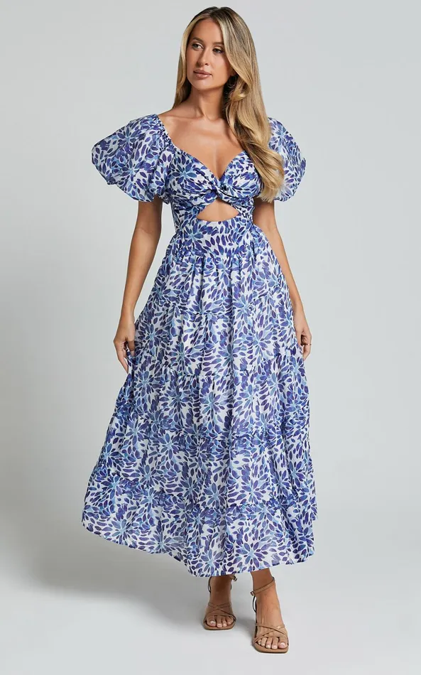 Showpo Nelrose Midi Dress 8211 Short Puff Sleeve Front Cut Out Dress In Blue Print Women Dresses