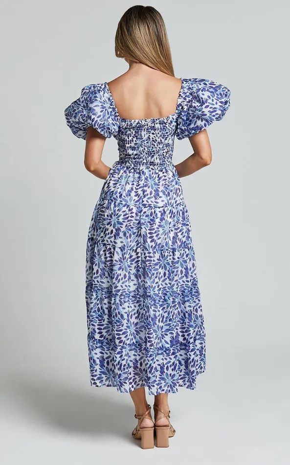 Showpo Nelrose Midi Dress 8211 Short Puff Sleeve Front Cut Out Dress In Blue Print Women Dresses