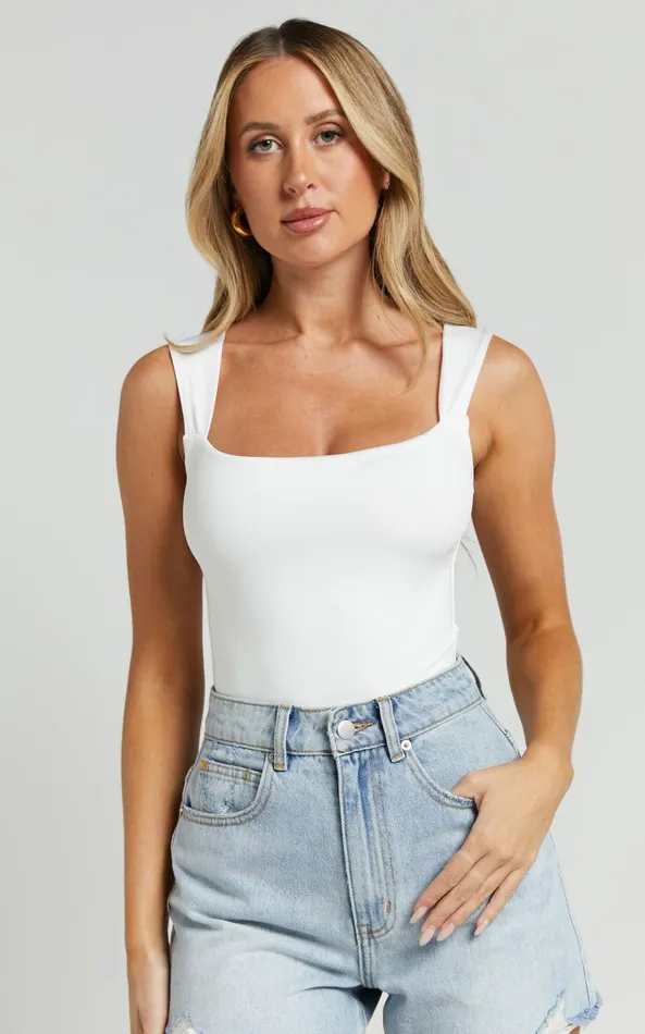 Showpo Nerine Bodysuit 8211 Wide Strap Scoop Neck In White Women Tops