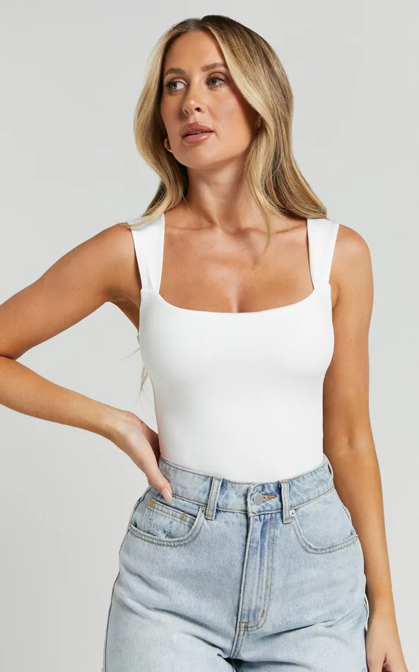 Showpo Nerine Bodysuit 8211 Wide Strap Scoop Neck In White Women Tops