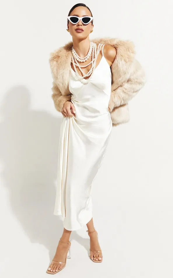 Showpo Niall Midi Dress 8211 V Neck Satin Slip Dress In Pearl Women Dresses