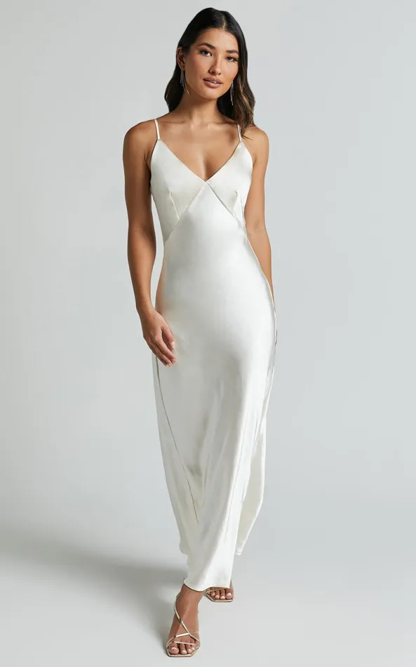 Showpo Niall Midi Dress 8211 V Neck Satin Slip Dress In Pearl Women Dresses