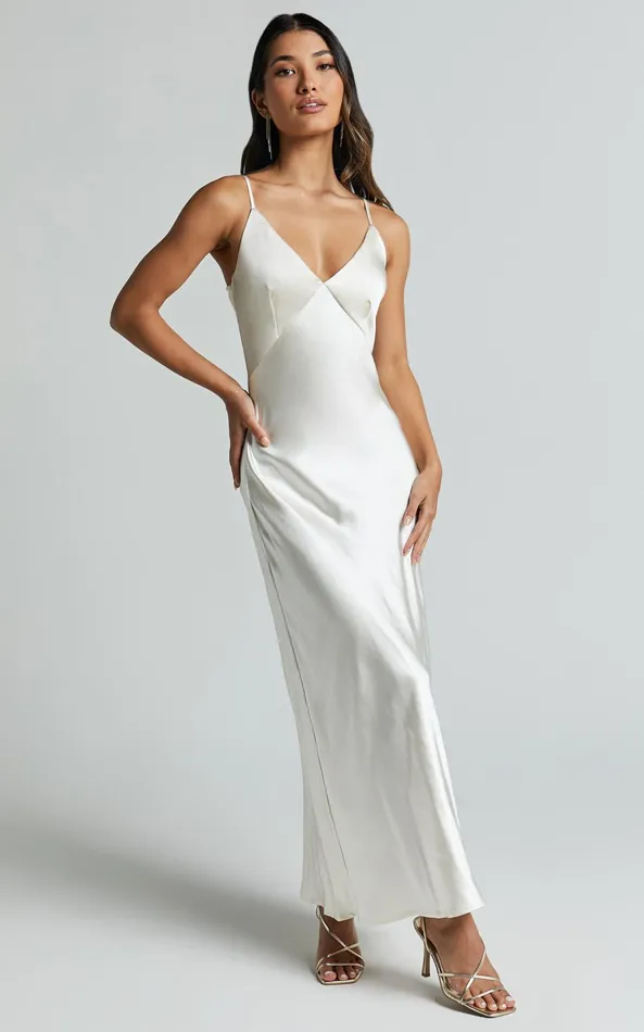Showpo Niall Midi Dress 8211 V Neck Satin Slip Dress In Pearl Women Dresses