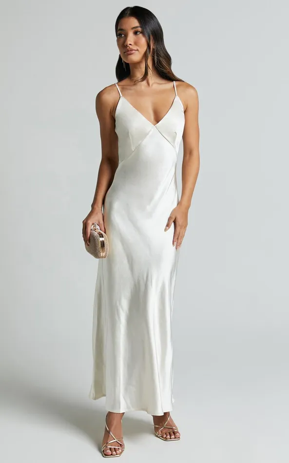Showpo Niall Midi Dress 8211 V Neck Satin Slip Dress In Pearl Women Dresses