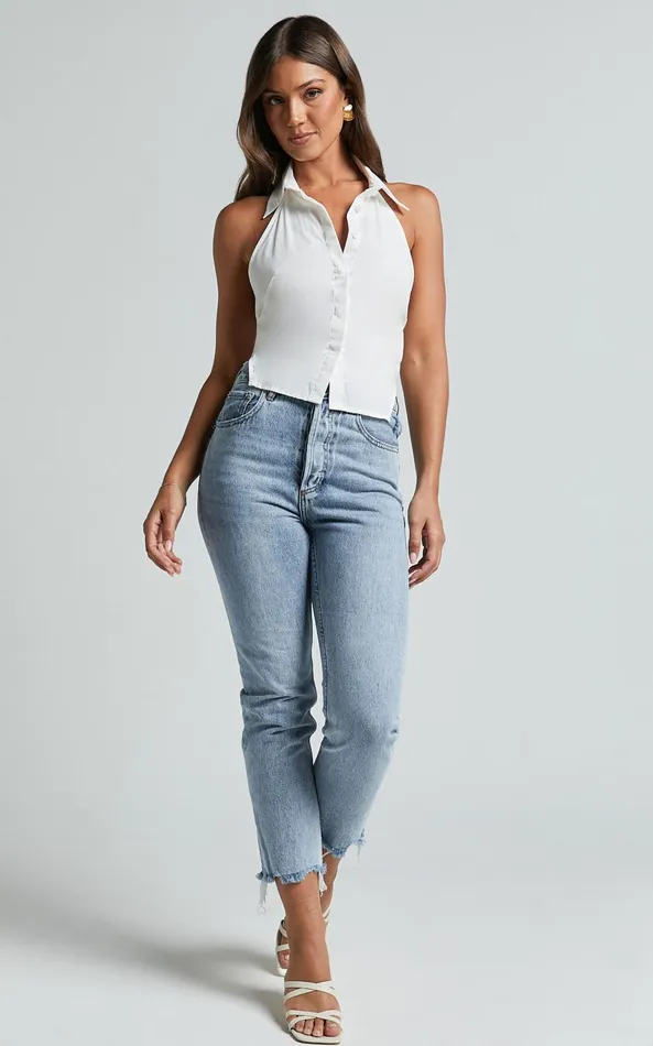Showpo Niccolo Shirt 8211 Sleeveless Tie Back Halter Shirt In Ivory Women Tops
