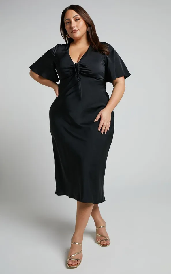 Showpo Nicholla Midi Dress 8211 Ruched Front Angel Sleeve Slip Dress In Black Women Curve Clothes