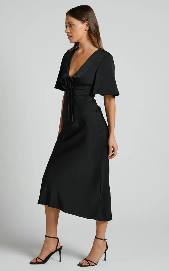 Showpo Nicholla Midi Dress 8211 Ruched Front Angel Sleeve Slip Dress In Black Women Curve Clothes