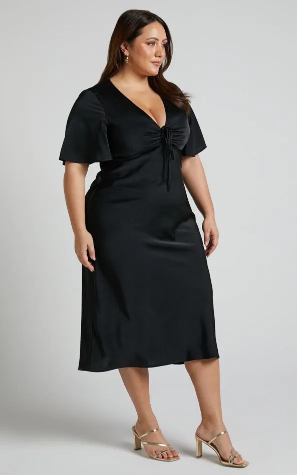 Showpo Nicholla Midi Dress 8211 Ruched Front Angel Sleeve Slip Dress In Black Women Curve Clothes